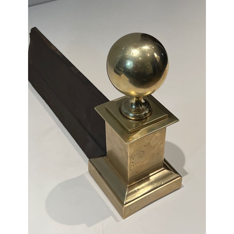 Pair of Large Neoclassical Brass Andirons with Ball Finials and Square Pedestals. France. Circa 1970.