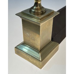 Pair of Large Neoclassical Brass Andirons with Ball Finials and Square Pedestals. France. Circa 1970.