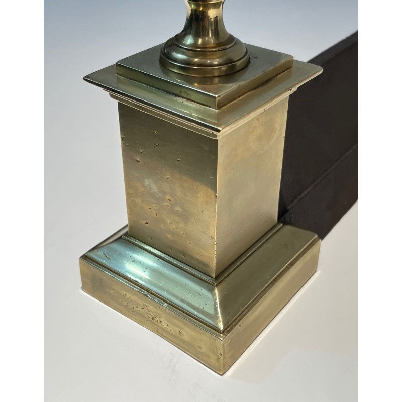 Pair of Large Neoclassical Brass Andirons with Ball Finials and Square Pedestals. France. Circa 1970.