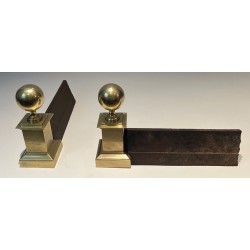 Pair of Large Neoclassical Brass Andirons with Ball Finials and Square Pedestals. France. Circa 1970.