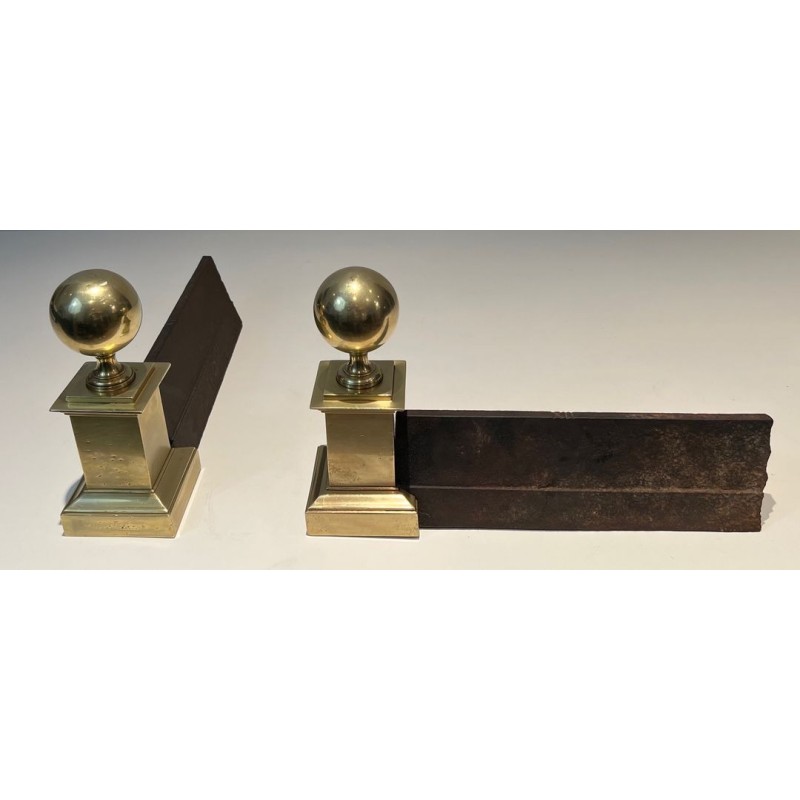 Pair of Large Neoclassical Brass Andirons with Ball Finials and Square Pedestals. France. Circa 1970.