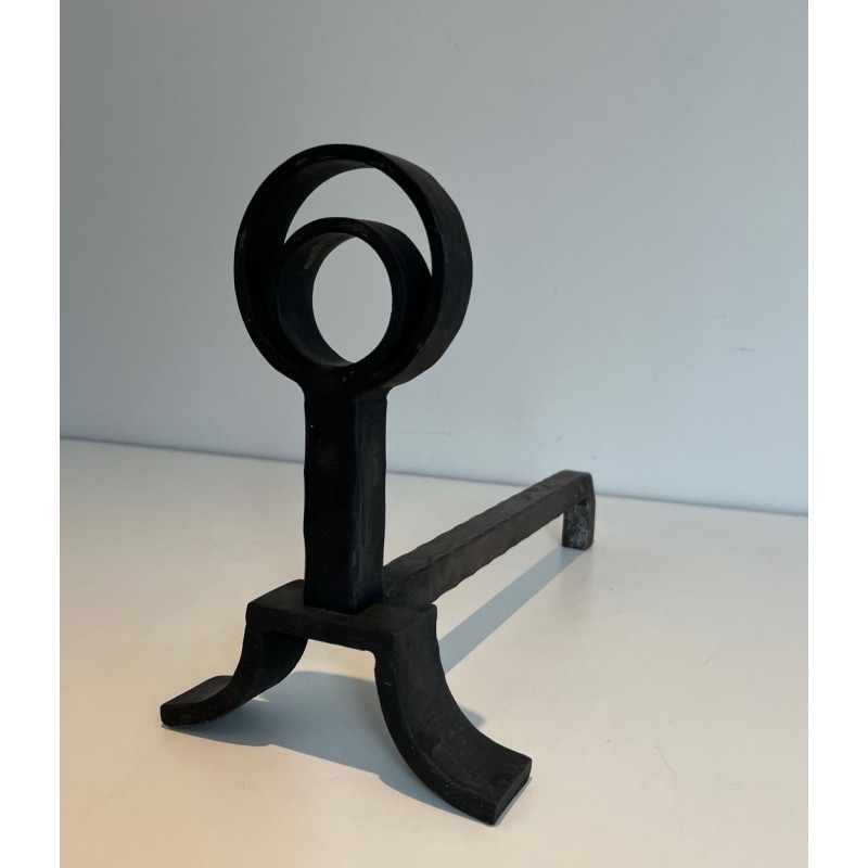 Pair of Modernist Cast Iron and Wrought Iron Andirons with Open-Ring Finials in the Manner of Jacques Adnet. France. Circa 1940.