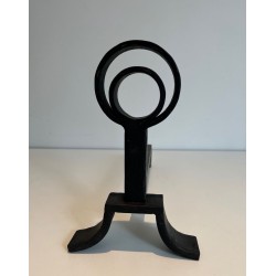 Pair of Modernist Cast Iron and Wrought Iron Andirons with Open-Ring Finials in the Manner of Jacques Adnet. France. Circa 1940.