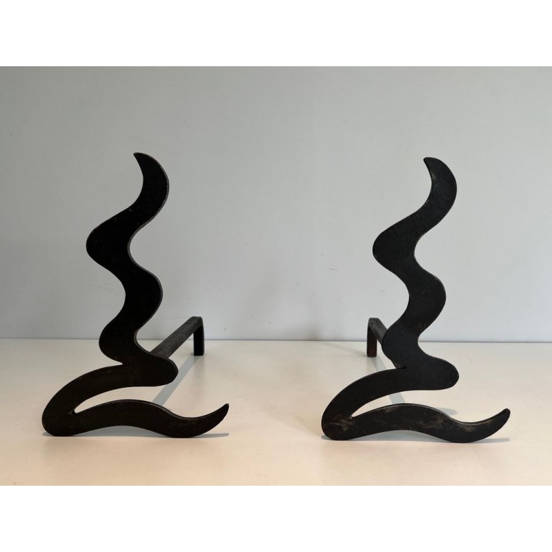 Pair of Modernist Steel Andirons with Sinuous Wave-Cut Silhouette. France. Circa 1970.