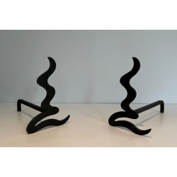 Pair of Modernist Steel Andirons with Sinuous Wave-Cut Silhouette. France. Circa 1970.