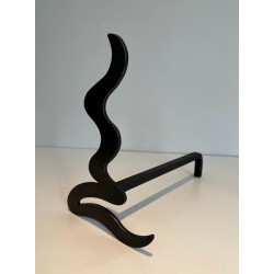 Pair of Modernist Steel Andirons with Sinuous Wave-Cut Silhouette. France. Circa 1970.