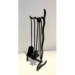 Modernist Black Lacquered Metal Fireplace Companion Set with Flat Sinuous Handles. France. Circa 1970.