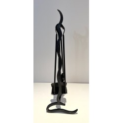 Modernist Black Lacquered Metal Fireplace Companion Set with Flat Sinuous Handles. France. Circa 1970.