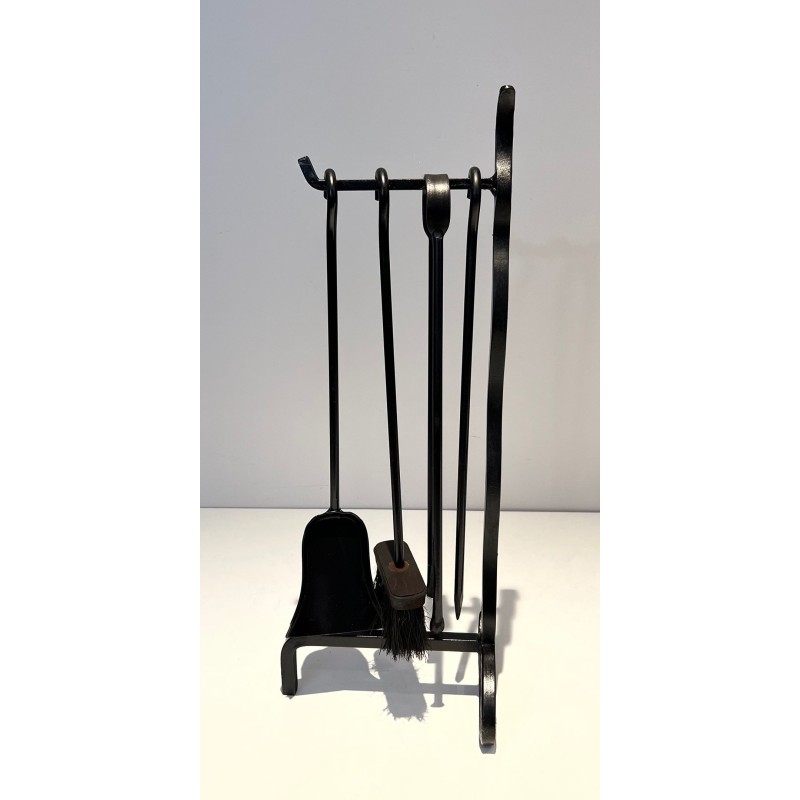 Modernist Black Lacquered Metal Fireplace Companion Set with Flat Sinuous Handles. France. Circa 1970.