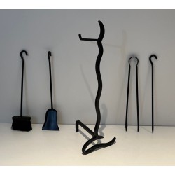 Modernist Black Lacquered Metal Fireplace Companion Set with Flat Sinuous Handles. France. Circa 1970.