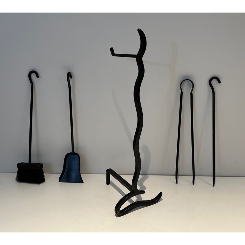 Modernist Black Lacquered Metal Fireplace Companion Set with Flat Sinuous Handles. France. Circa 1970.