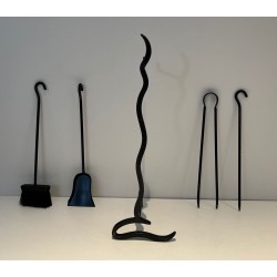 Modernist Black Lacquered Metal Fireplace Companion Set with Flat Sinuous Handles. France. Circa 1970.