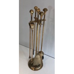 Neoclassical Brass Fireplace Companion Set with Twisted Handles and Ball Finials on Stand. France. Circa 1970.