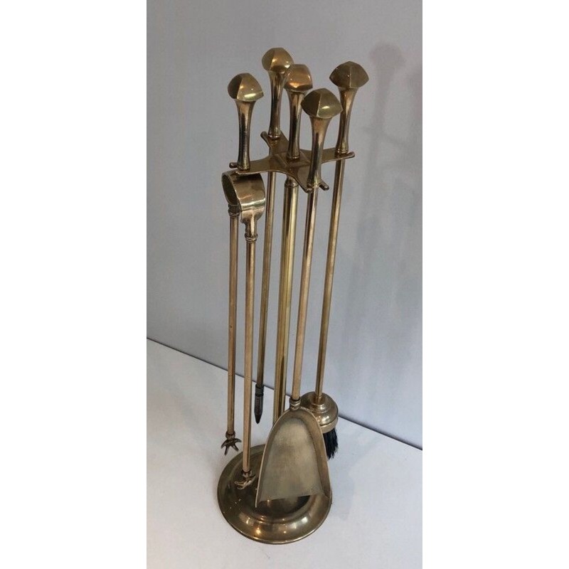Neoclassical Brass Fireplace Companion Set with Twisted Handles and Ball Finials on Stand. France. Circa 1970.