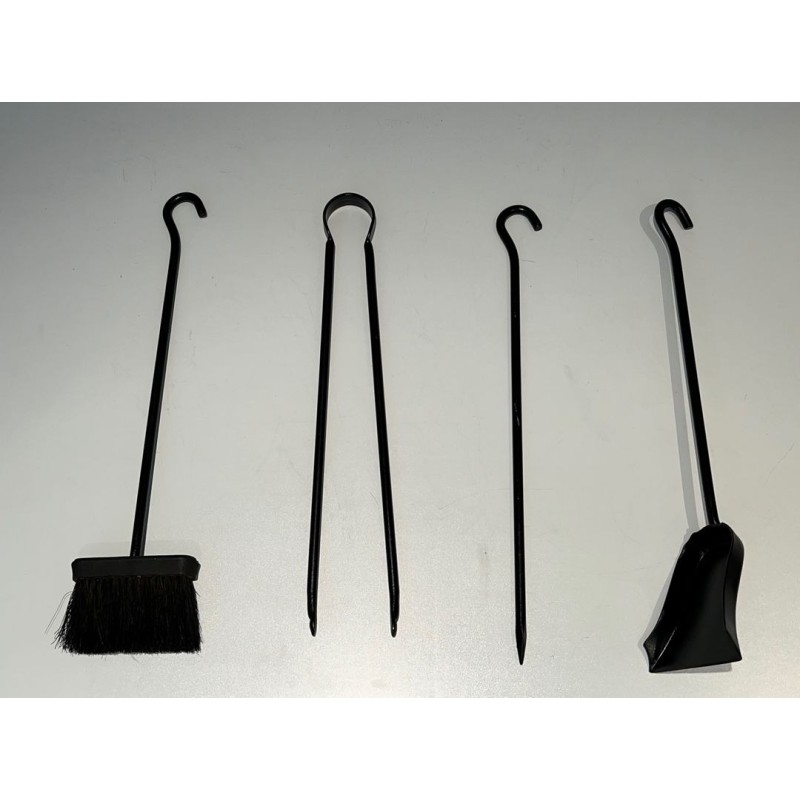 Modernist Black Lacquered Metal Fireplace Companion Set with Flat Sinuous Handles. France. Circa 1970.