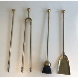 Neoclassical Brass Fireplace Companion Set with Twisted Handles and Ball Finials on Stand. France. Circa 1970.