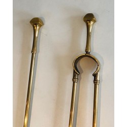 Neoclassical Brass Fireplace Companion Set with Twisted Handles and Ball Finials on Stand. France. Circa 1970.