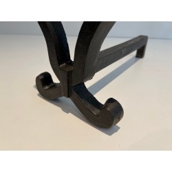 Pair of Wrought Iron Andirons with Oval Loop Finials and Hourglass Uprights by Raymond Subes. France. Circa 1940.