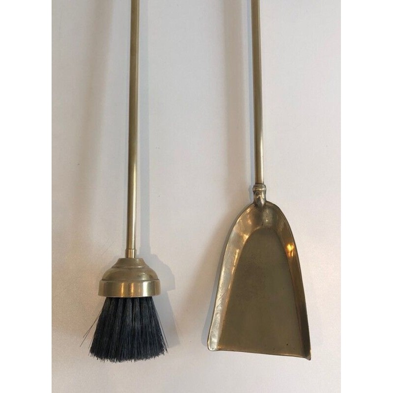 Neoclassical Brass Fireplace Companion Set with Twisted Handles and Ball Finials on Stand. France. Circa 1970.