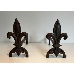 Pair of Cast Iron Andirons with Fleur-de-Lys Finials. France. Circa 1970.