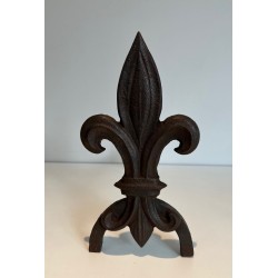 Pair of Cast Iron Andirons with Fleur-de-Lys Finials. France. Circa 1970.