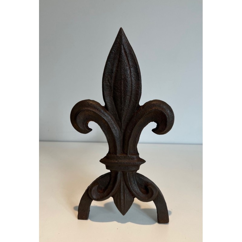 Pair of Cast Iron Andirons with Fleur-de-Lys Finials. France. Circa 1970.