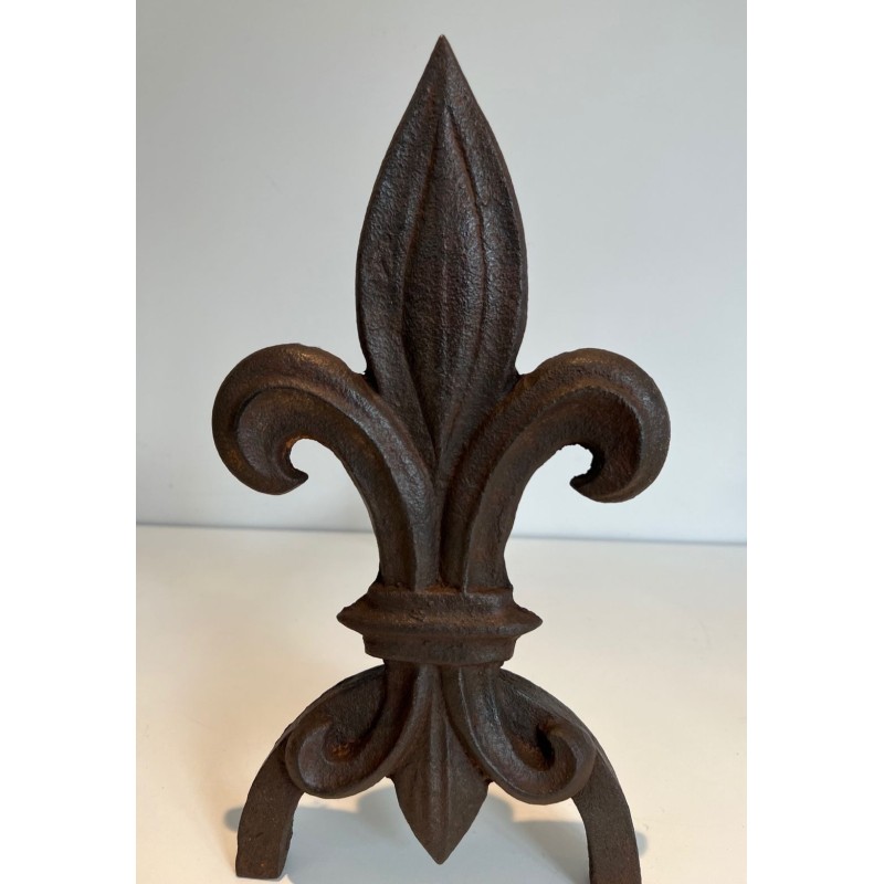 Pair of Cast Iron Andirons with Fleur-de-Lys Finials. France. Circa 1970.