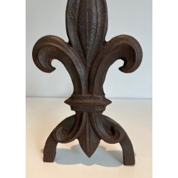 Pair of Cast Iron Andirons with Fleur-de-Lys Finials. France. Circa 1970.