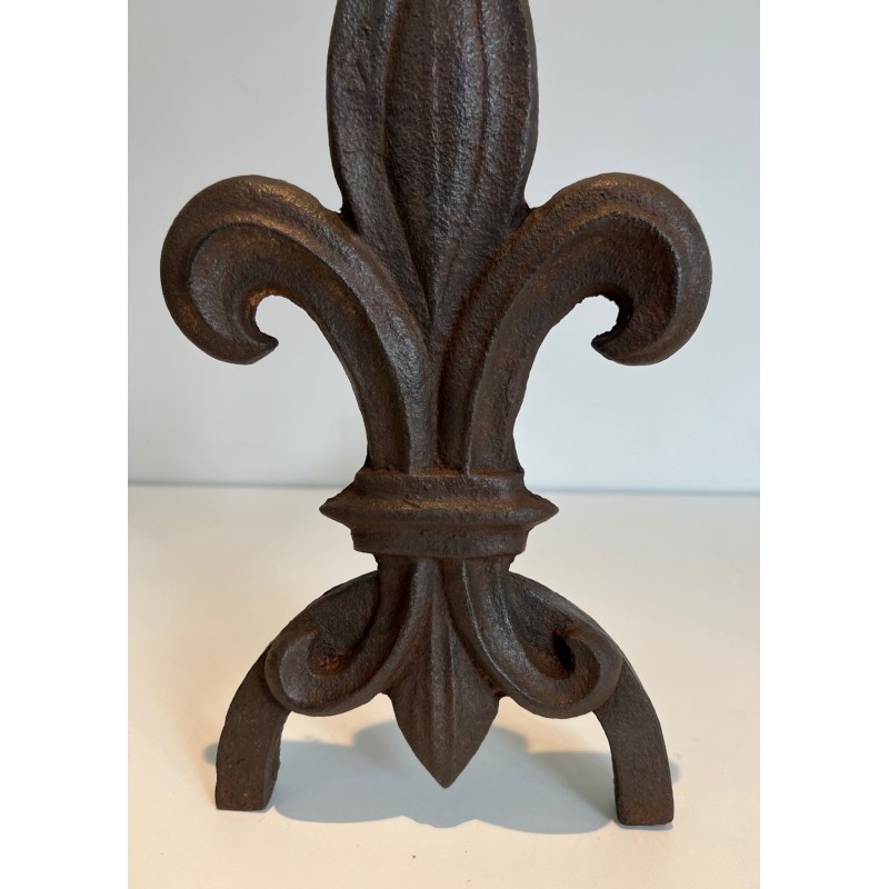 Pair of Cast Iron Andirons with Fleur-de-Lys Finials. France. Circa 1970.