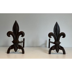 Pair of Cast Iron Andirons with Fleur-de-Lys Finials. France. Circa 1970.