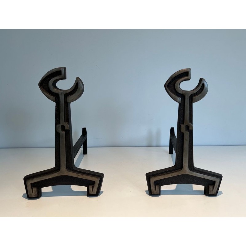 Pair of Modernist Cast Iron Andirons with Open-Ring Finials. France. Circa 1950.