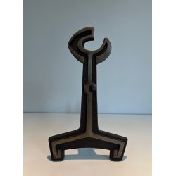 Pair of Modernist Cast Iron Andirons with Open-Ring Finials. France. Circa 1950.