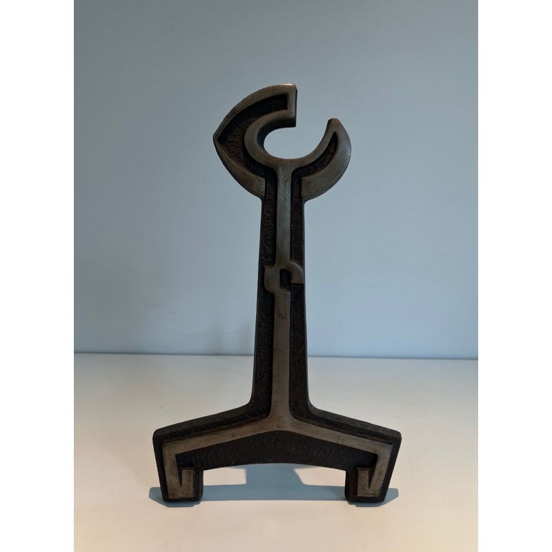 Pair of Modernist Cast Iron Andirons with Open-Ring Finials. France. Circa 1950.