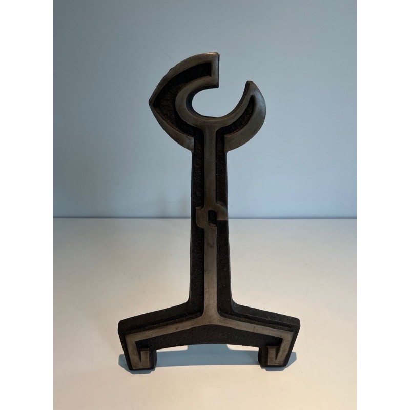 Pair of Modernist Cast Iron Andirons with Open-Ring Finials. France. Circa 1950.