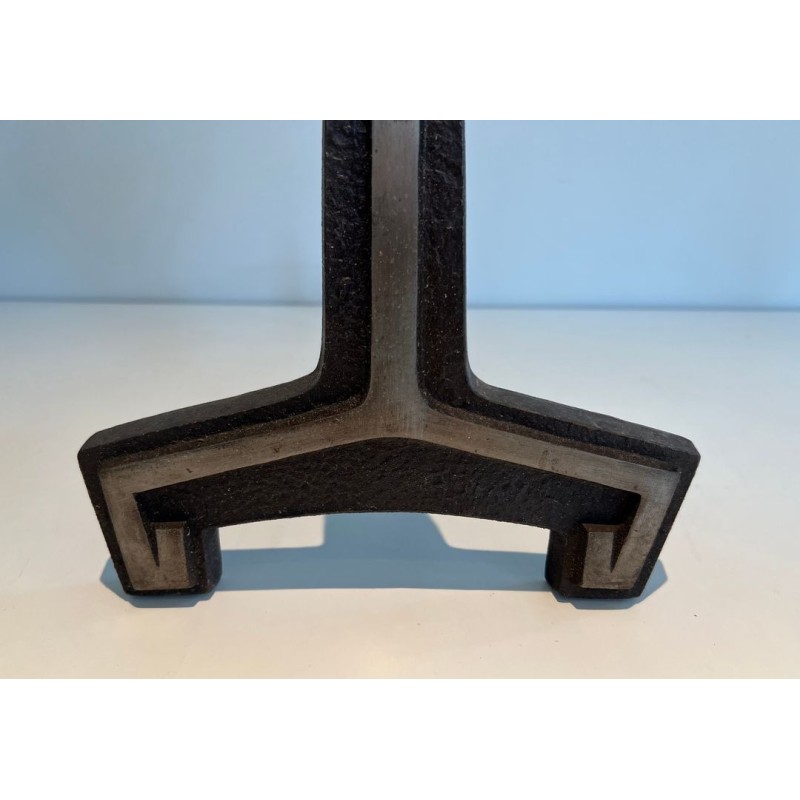 Pair of Modernist Cast Iron Andirons with Open-Ring Finials. France. Circa 1950.