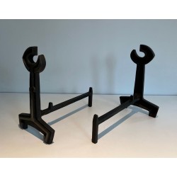 Pair of Modernist Cast Iron Andirons with Open-Ring Finials. France. Circa 1950.