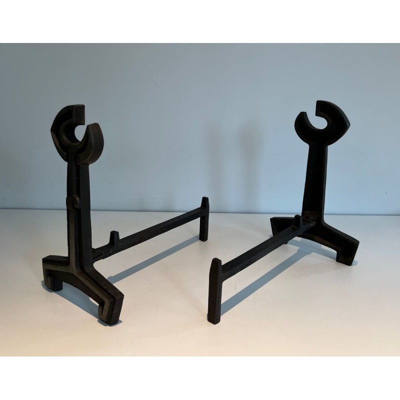 Pair of Modernist Cast Iron Andirons with Open-Ring Finials. France. Circa 1950.