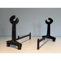 Pair of Modernist Cast Iron Andirons with Open-Ring Finials. France. Circa 1950.
