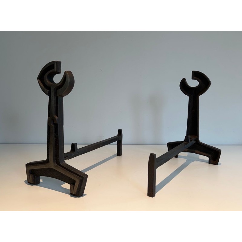 Pair of Modernist Cast Iron Andirons with Open-Ring Finials. France. Circa 1950.