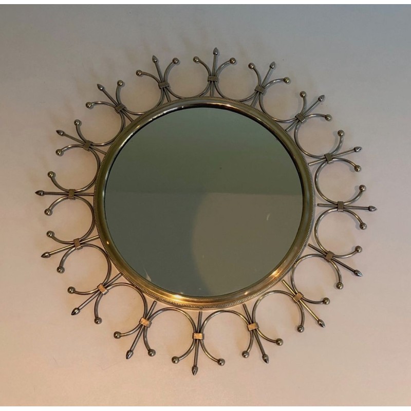 Modernist Brass and Brushed Steel Floral Wreath Sunburst Mirror. France. Circa 1970.