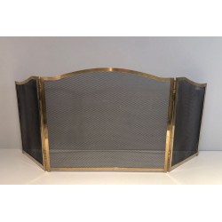 Three-Panel Neoclassical Brass and Wire Mesh Folding Fireplace Screen with Arched Centre. France. Circa 1970.