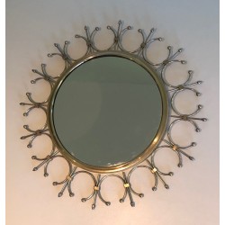 Modernist Brass and Brushed Steel Floral Wreath Sunburst Mirror. France. Circa 1970.