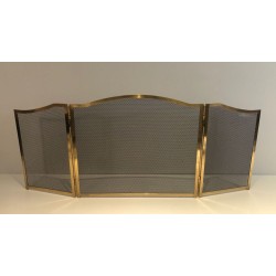 Three-Panel Neoclassical Brass and Wire Mesh Folding Fireplace Screen with Arched Centre. France. Circa 1970.