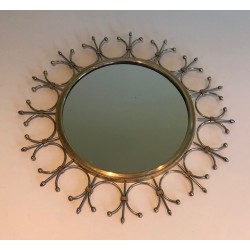 Modernist Brass and Brushed Steel Floral Wreath Sunburst Mirror. France. Circa 1970.