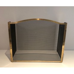Three-Panel Neoclassical Brass and Wire Mesh Folding Fireplace Screen with Arched Centre. France. Circa 1970.