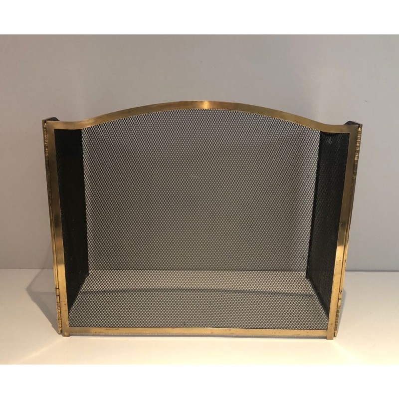 Three-Panel Neoclassical Brass and Wire Mesh Folding Fireplace Screen with Arched Centre. France. Circa 1970.
