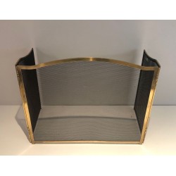 Three-Panel Neoclassical Brass and Wire Mesh Folding Fireplace Screen with Arched Centre. France. Circa 1970.
