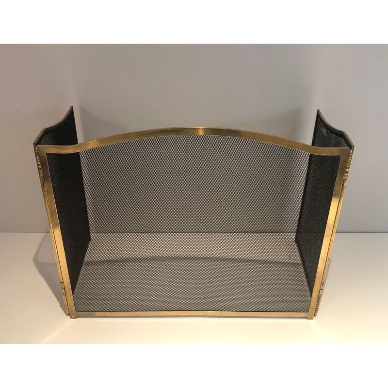 Three-Panel Neoclassical Brass and Wire Mesh Folding Fireplace Screen with Arched Centre. France. Circa 1970.