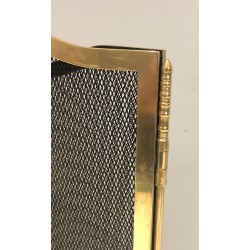Three-Panel Neoclassical Brass and Wire Mesh Folding Fireplace Screen with Arched Centre. France. Circa 1970.