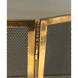 Three-Panel Neoclassical Brass and Wire Mesh Folding Fireplace Screen with Arched Centre. France. Circa 1970.